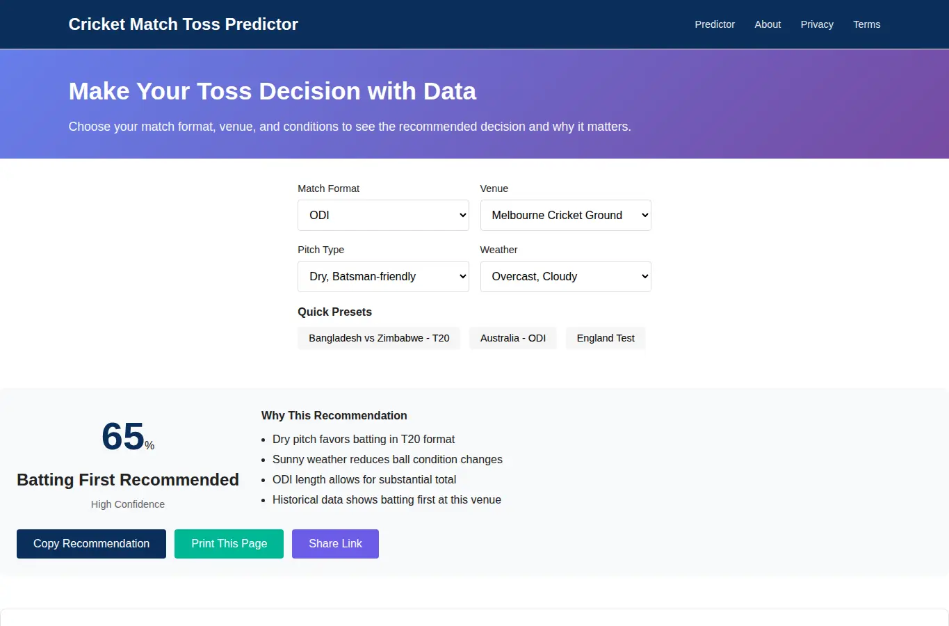 Screenshot of Cricket Match Toss Predictor interface showing the project page in use